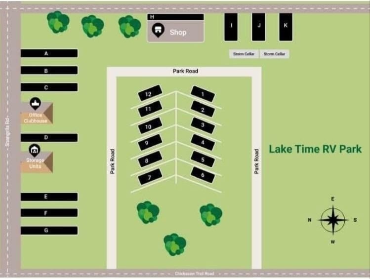 Lake Time RV Park site map showing all RV sites, facilities, and park roads